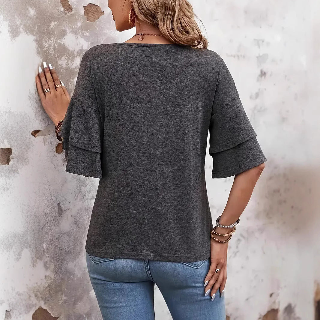 T-shirt tendance à volants et col en V