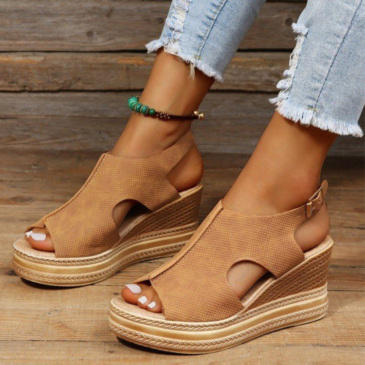 Sandales à bout ouvert , à talons compensés et à boucle