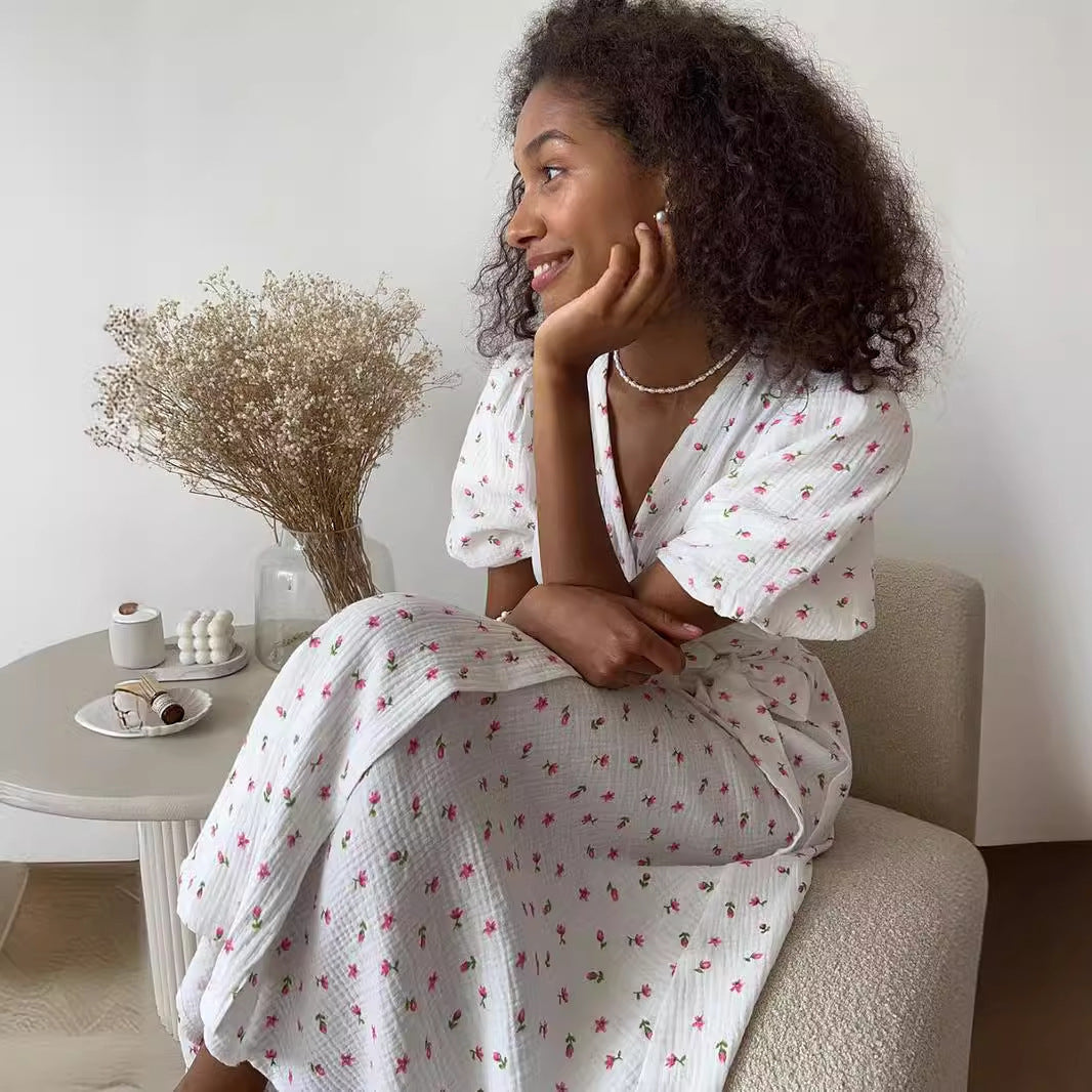Robe bohème imprimée à col V avec détail nœud